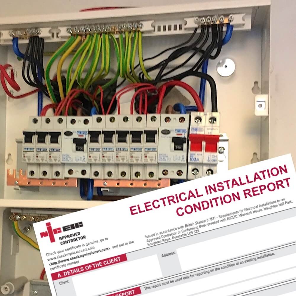 Electrician performing EICR inspection in a London rental flat for landlord compliance